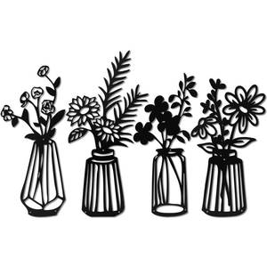 lot 5704 image: LORYDECO Metal Art Flowers Wall Decor Set of 4, Iron Black Floral with Vases Sculpture, Home Decor for Bathroom Living Room Bedroom Kitchen Patio Balcony
