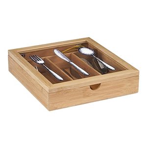 lot 5705 image: WPKLTMZ Wooden Cutlery Box with Lid Wood Cutlery Organizer Silverware Drawer Organizer with 4 Compartments for Spoon Chopsticks Storage Box Container for Kitchen Countertop Dining Table