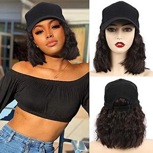 lot 5707 image: CHRSHN Hat Wig for Women, Short Wave Baseball Cap Wig with Curly Synthetic Hair Extensions, Adjustable Brown Black Baseball Hat Wig