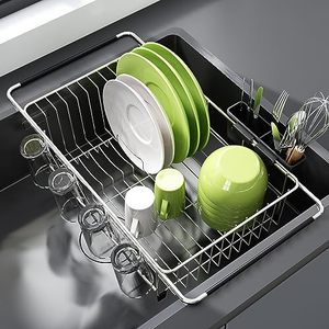 lot 5711 image: JASIWAY Dish Drying Rack in Sink - Expandable Stainless Steel Dish Drainers for Kitchen Counter, Dish Dryer Rack for Inside Sink, Over The Sink Dish Racks with Utensil Holder, Silver