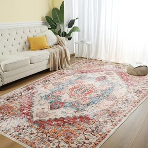 lot 5740 image: Comeet Area Rug 5x8, Living Room Bedroom Rug, Washable Vintage Area Rug Anti Slip Floor Carpet for Dining Room Home OrangeBlue