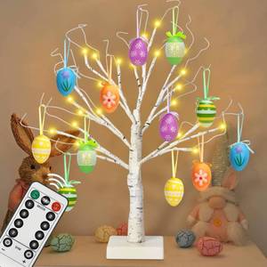 lot 5744 image: 24 Easter Lighted Birch Tree with 12pcs Ornaments,Warm White LEDs Birch Tree Light Tabletop Artificial Tree 8 Lighting Modes USB or Batteries Operated with Timer for Easter Decor
