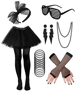 lot 5763 image: 80s Costume for Women, 80s Accessories Set with Tutu Tights Fishnet Gloves Headband Glasses Necklace Bracelets Outfits, Black