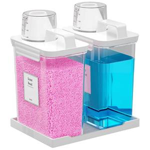 lot 5770 image: Hordely 61OZ Laundry Detergent Dispenser Container, 2 Pack Liquid Laundry Dispenser, Plastic Detergent Dispenser for Laundry RoomPowderFabric Softener with LabelsTray, Clear
