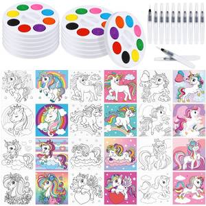 lot 5779 image: Lincia Printed Canvas Paint Art Set 12 Watercolor Paint Sets 12 Pre Drawn Canvas 4 x 4 Inch 12 Paint Brushes Washable Watercolor Paint for 100 Days of School Kids Valentiness Gift(Unicorn)