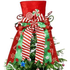 lot 5835 image: yofit Christmas Tree Topper Hat, Large Red Hat with Striped Bow Ribbon & Lollipop, Christmas Tree Decorations Top Hat, Desktop Ornaments for Home Xmas Holiday Winter Decor