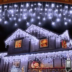 lot 5838 image: HRANBOTY 132 FT LED Christmas Lights with 280 Drops, 980 LED Indoor Outdoor Christmas Decorations, 8 Lighting Mode Waterproof Fairy Lights with Timer for Xmas Holiday Wedding Yard Party Cool White