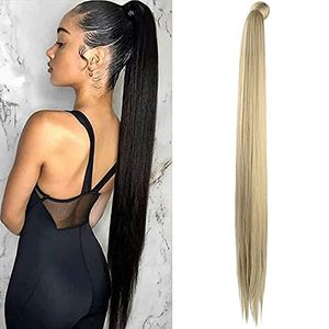lot 5849 image: SEIKEA Clip in Ponytail Extension Wrap Around Long Straight Pony Tail Hair Synthetic Hairpiece for Women 35 Inch Color Ash Blonde