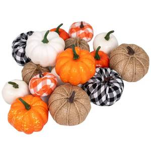 lot 5856 image: Ueerdand 16 PCS Fall Decor Assorted Sizes Artificial Pumpkins Burlap Faux Foam Pumpkin for Harvest Autumn Season Halloween Thanksgiving Holiday Festive Embellishing and Displaying