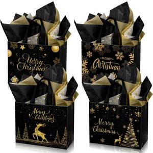 lot 5859 image: Hosuly 20 Pieces Black and Gold Large Christmas Gift Bags with Tissue Paper Xmas Non Woven Goodie Treat Bag Merry Christmas Party Favor Bags for Christmas Wrapping Gift Supplies Xmas Party Decorations