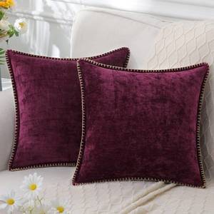 lot 5869 image: decorUhome Chenille Soft Throw Pillow Covers 16x16 Set of 2, Farmhouse Velvet Pillow Covers, Decorative Square Pillow Covers with Stitched Edge for Couch Sofa Bed, Rhododendron