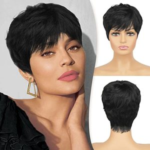 lot 5875 image: RUWISS Pixie Cut Wig Human Hair Wigs Human Hair Wig with Bangs Natural Short Black Wig Layered Wavy Different Style Short Wigs for Black Women (1B#)