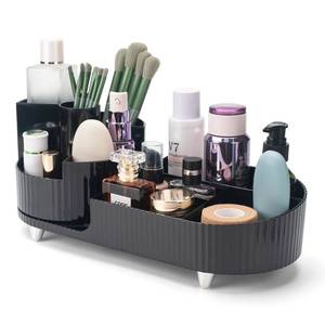 lot 5878 image: Makeup Organizer for Vanity, Large Capacity Skincare Organizer with Rotating Makeup Brush Holder Organizer, Cosmetics Organizer for Bedroom Dresser Bathroom Vanity Countertop, Black