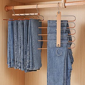 lot 5880 image: 2 Pack - Pants Hanger Space Saving, Solid Wood Non-Slip Pants Hanger, Multifunctional 5 Layer Closet Pants Hanger for Closet Storage Pants Hanger