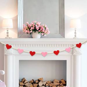 lot 5911 image: 4.2 FT Felt Heart Wooden Beads Garland Valentines Day Hanging Decorations, Romantic Beaded Tiered Tray Decor, Rustic Farmhouse Banner for Love Celebration, Shelf Display, Fireplace, Wall Decor
