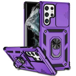 lot 5914 image: for Samsung Galaxy S22 Ultra Case with Camera Lens Cover HD Screen Protector, Military-Grade Drop Tested Magnetic Ring Holder Kickstand Protective Phone Case for Samsung Galaxy S22 Ultra 5G (Purple)