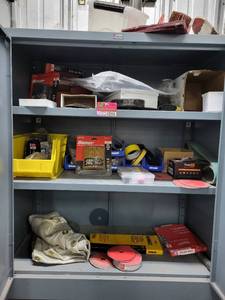 lot 43050 image: Contents Of Cabinet W Bauer Finishing Drum, Sanding Disc, and More