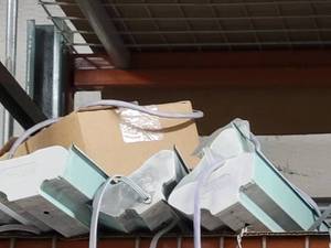 lot 43054 image: Contents Of Shelf W Hanging Lights and Assorted Aluminum Pieces