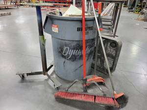 lot 43081 image: Lot Of Assorted Shop Items W Rolling Table, Brooms, Fan and Trash Bin More