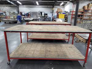 lot 47525 image: 8ft Metal Worktable W Wood Top and Undershelf