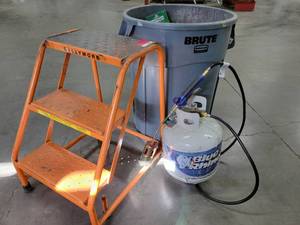 lot 43021 image: 3 Tier Step Ladder, Torch W Tank, and Trash Can