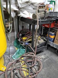 lot 47506 image: Metal Cart W Assorted Pittsburgh Vacuum Pumps, Hoses, and More