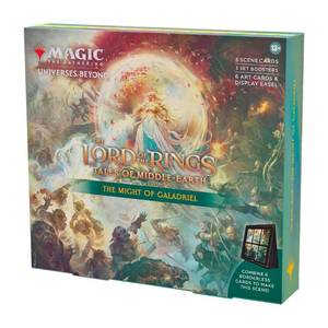 lot 13512 image: Magic The Gathering The Lord of The Rings Tales of Middle-Earth Scene Box - The Might of Galadriel (6 Scene Cards, 6 Art Cards, 3 Set Boosters  Display Easel)