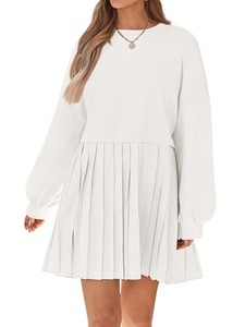 lot 13525 image: LILLUSORY Womens Oversized Sweatshirt Dress Casual Long Sleeve Pullover Loose Crew Neck Pleated Tunic Jump Dresses White Medium