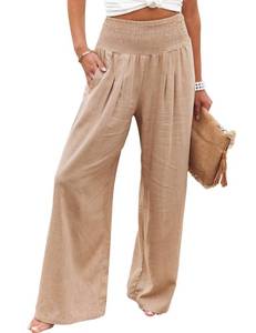 lot 13528 image: HangNiFang Cotton Linen Wide Leg Pants for Women High Waist Summer Work Smocked Pants with Pockets(0919-Khaki-XL)