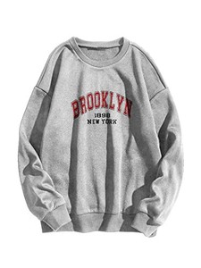 lot 13534 image: WDIRARA Womens Letter Graphic Print Round Neck Long Sleeve Sweatshirt Tops Pullovers Grey S