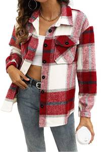 lot 13539 image: Trendy Queen Womens Casual Plaid Shacket Wool Blend Button Down Long Sleeve Shirt Fall Jacket Shackets Red. Large