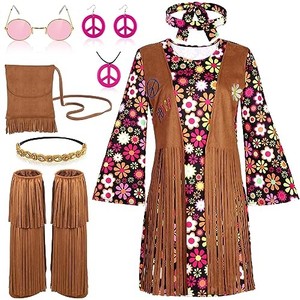 lot 13542 image: AOTHSO 8 Piece 70s Women Hippie Costume Peace Sign Earring Necklace Headband Dress Leg Sleeves Tassel Bag for Halloween Disco. LXL