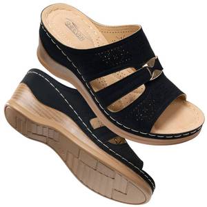 lot 13543 image: SHIBEVER Wedge Sandals for Women Hollow Out Slip On Platform Wedge Sandals Summer Comfortable Sandals Walking Dressy Sandal Black 8