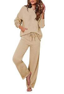 lot 13547 image: Viottiset Womens 2 Piece Outfits Sweater Set Long Sleeve Hoodies With Pocket Wide Leg Pants Lounge Sets Apricot L
