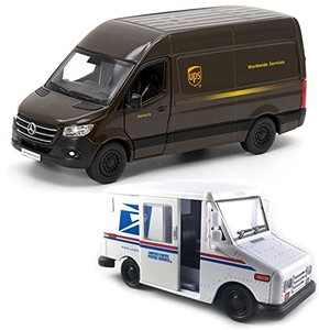 lot 13549 image: UPS Mercedes-Benz Sprinter United States Postal Mail Truck Grumman LLV - 5 Inch Die Cast Metal Model Toys Set Of 2