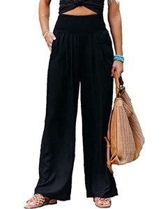 lot 13551 image: Zontroldy Cotton Linen Wide Leg Palazzo Beach Pants for Women Casual Elastic High Waist Smocked Lounge Pants(0628-Black-1-L)
