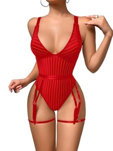 lot 13553 image: Kaei&Shi Sexy Bodysuit For Women, Plunge Deep V Backless Ribbed Mesh Teddy Lingerie, Snap Crotch Thong Belt Thigh Strap One Piece Body Suit Vegas Outfits Boudoir Gift Going Out Petite Red X-Large