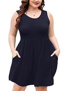 lot 13554 image: AusLook Plus Size Summer Tank Dress for Women Navy Blue 1X Casual Sleeveless Crewneck Flowy Pleated Sun Maternity Tunic Dresses Babydoll Tshirt Swing Vacation Sundresses with Pockets