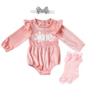 lot 13563 image: GRNSHTS Baby Girl First Birthday Clothes Velvet Snowflake One Year Old Romper Long Sleeve BodysuitHeadband 2Pcs Cake Smash Outfits (Light Pink Snowflake,12-18 Months)