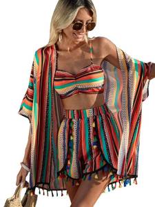lot 13574 image: Verdusa Womens 3 Piece Outfits Short Sleeve Open Front Kimono and Boho Cami Top and Tassel Trim Tropical Shorts Set Multicolor L