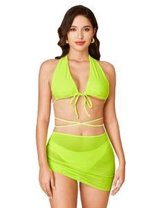 lot 13575 image: MakeMeChic Womens 3 Piece Swimsuit Plunge Neck Halter Self Tie High Cut Bikini Set with Drawstring Cover Up Lime Green L