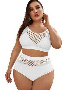 lot 13576 image: Floerns Womens Plus Size Splice Fishnet Cami Top and High Waist Bikini Set White 1XL