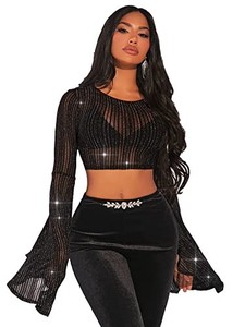 lot 13580 image: Verdusa Womens Sheer Mesh Glitter Bell Sleeve Round Neck Crop T Shirt Top Black S