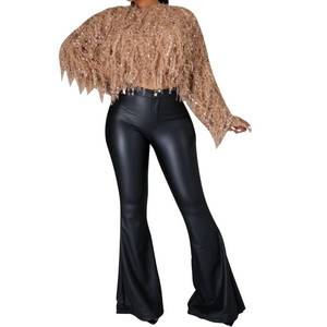 lot 13585 image: Black Leather Pants, Womens Faux Leather Bell Botom Flare Pants High Waist Stretchy Leggings Wide Leg Trousers Black L