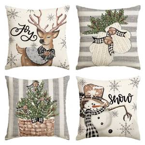 lot 13586 image: AVOIN colorlife Christmas Snowman Reindeer Gloves Eucalyptus Throw Pillow Covers, 18 x 18 Inch Winter Holiday Stripes Cushion Case Decoration for Sofa Couch Set of 4