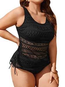 lot 13591 image: OYOANGLE Womens Plus Size See Through Hollow Out Lace Panel Bikini Swimsuit Black 4XL