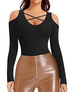 lot 13598 image: HERLOLLYCHIPS Womens Long Sleeve Tops Cold Shoulder Deep V Neck Criss Cross Fitted Sexy Casual Dressy Fall Winter Tee Shirts(Black,Large)