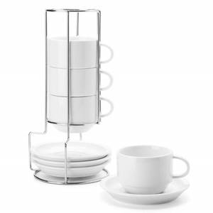 lot 13626 image: Sweese 8 Ounce Porcelain Stackable Cappuccino Cups with Saucers and Metal Stand - for Specialty Coffee Drinks, Cappuccino, Latte, Americano and Tea - Set of 4, White