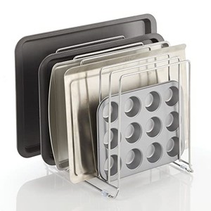 lot 13627 image: mDesign Large Metal Wire Organizer Rack for Kitchen Cabinet, Pantry, Shelves - Holder with 8 Slots for Baking Sheets, Skillets, Frying Pans, Pots, Lids, Cutting Boards, or Appliances - Chrome