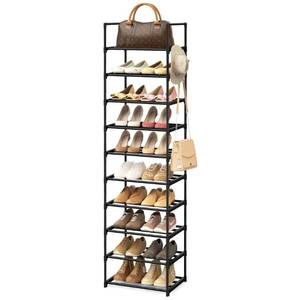 lot 13637 image: WEXCISE Narrow Shoe Rack 10 Tiers Tall Shoe Rack for Entryway 20 24 Pairs Shoe & Boots Organizer Storage Shelf Durable Black Metal Stackable Shoe Cabinet with Hooks, 17.1D x 11.8W x 78.7H in